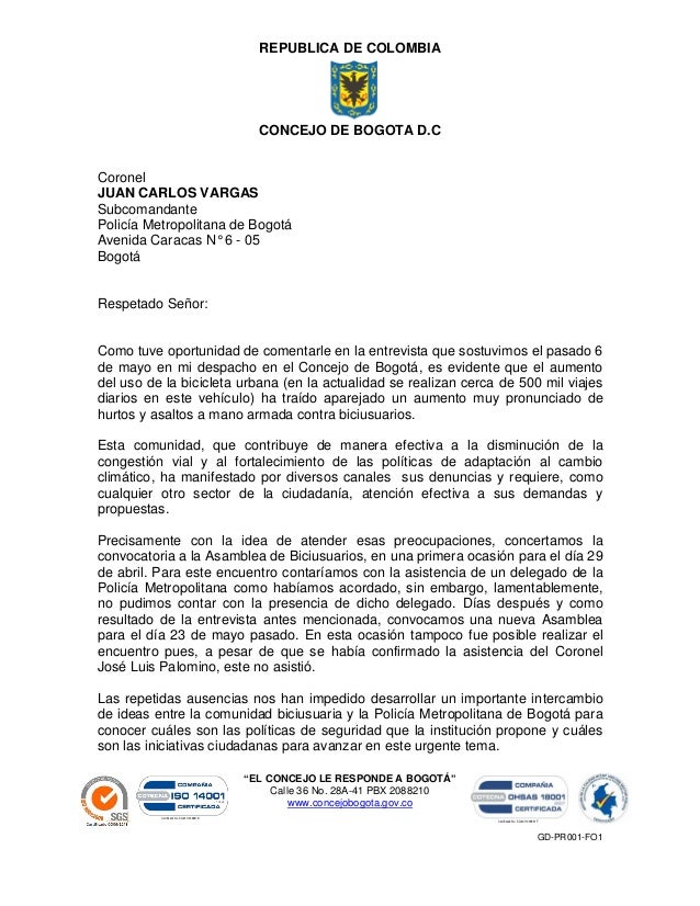 Carta al Subcomandante de la MEBOG sobre inasistencia a 