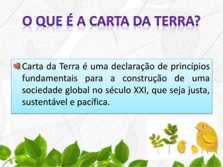 Carta da Terra é uma declaração de princípios
fundamentais para a construção de uma
sociedade global no século XXI, que seja justa,
sustentável e pacífica.
 