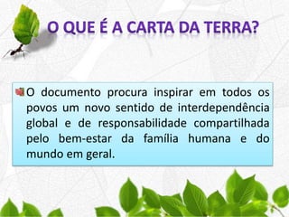 O documento procura inspirar em todos os
povos um novo sentido de interdependência
global e de responsabilidade compartilhada
pelo bem-estar da família humana e do
mundo em geral.
 