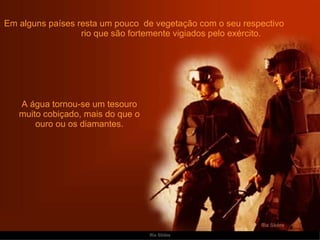 Em alguns países resta um pouco  de vegetação com o seu respectivo  rio que são fortemente vigiados pelo exército. A água tornou-se um tesouro muito cobiçado, mais do que o ouro ou os diamantes. 