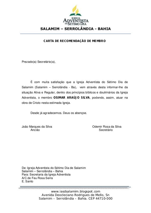 Modelo De Carta De Apresentação Igreja Evangelica  Vários Modelos