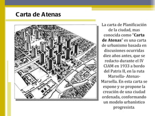 La carta de Planificación de la ciudad, mas conocida como “ Carta de Atenas ” es una carta de urbanismo basada en discusiones ocurridas diez años antes, que se redacto durante el IV CIAM en 1933 a bordo del Patris II, en la ruta Marsella- Atenas-Marsella.  En esta carta se expone y se propone la creación de una ciudad ordenada, conformando un modelo urbanístico progresista . Carta de Atenas 