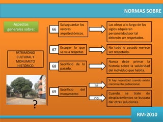 NORMAS SOBREAspectos generales sobre:Salvaguardar los valores arquitectónicos.Las obras a lo largo de los siglos adquieren personalidad por tal deberán ser respetados.66Escoger lo que se va a respetar.No todo lo pasado merece ser respetado.67PATRIMONIO CULTURAL Y MONUMETO HISTÓRICONunca debe primar la historia sobre la salubridad del individuo que habita.Sacrificio de lo pasado.68Si hay necesidad cuando existe crecimiento poblacional.siSacrificio del monumento69Cuando se trate de desplazamientos se buscara dar otras soluciones.no?RM-2010