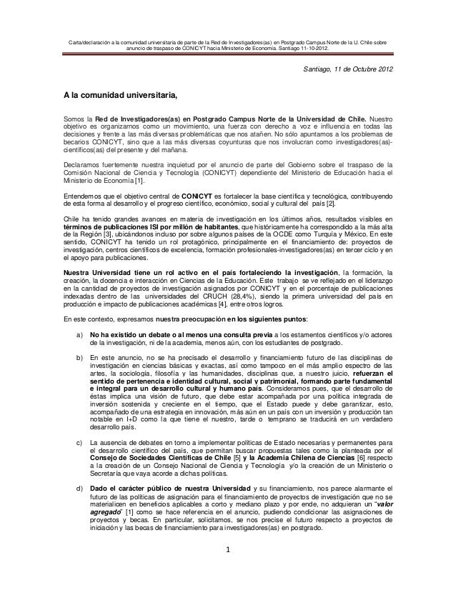 Carta declaración sobre Traslado CONICYT a la Comunidad 