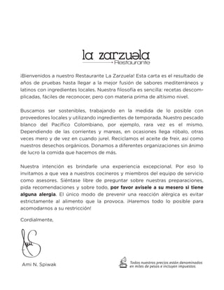 Carta de comida Restaurante La Zarzuela Hotel Spiwak