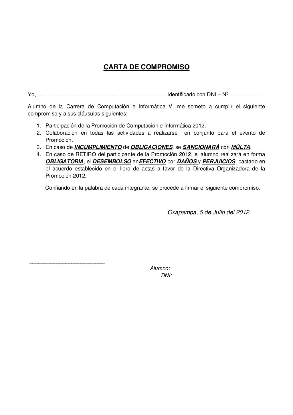 Carta de compromiso Carta de compromiso