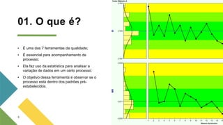 01. O que é?
3
• É uma das 7 ferramentas da qualidade;
• É essencial para acompanhamento de
processo;
• Ela faz uso da estatística para analisar a
variação de dados em um certo processo;
• O objetivo dessa ferramenta é observar se o
processo está dentro dos padrões pré-
estabelecidos.
 