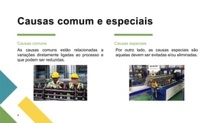 Causas comum e especiais
Causas comuns Causas especiais
4
As causas comuns estão relacionadas a
variações diretamente ligadas ao processo e
que podem ser reduzidas.
Por outro lado, as causas especiais são
aquelas devem ser evitadas e/ou eliminadas.
 