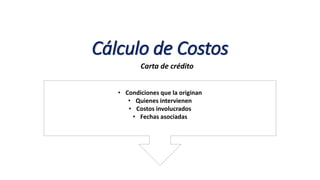 Cálculo de Costos
Carta de crédito
• Condiciones que la originan
• Quienes intervienen
• Costos involucrados
• Fechas asociadas
 