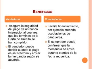 BENEFICIOS 
Vendedores Compradores 
 Asegura la seguridad 
del pago de un banco 
internacional una vez 
que los términos de la 
Carta de Crédito se 
han cumplido. 
 El vendedor puede 
decidir cuando el pago 
es satisfactorio y enviar 
la mercancía según se 
acuerda. 
 Facilita financiamiento, 
por ejemplo creando 
aceptaciones de 
banqueros. 
 El comprador puede 
confirmar que la 
mercancía se envíe 
durante o antes de la 
fecha requerida. 
 