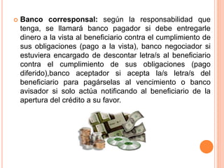  Banco corresponsal: según la responsabilidad que 
tenga, se llamará banco pagador si debe entregarle 
dinero a la vista al beneficiario contra el cumplimiento de 
sus obligaciones (pago a la vista), banco negociador si 
estuviera encargado de descontar letra/s al beneficiario 
contra el cumplimiento de sus obligaciones (pago 
diferido),banco aceptador si acepta la/s letra/s del 
beneficiario para pagárselas al vencimiento o banco 
avisador si solo actúa notificando al beneficiario de la 
apertura del crédito a su favor. 
 