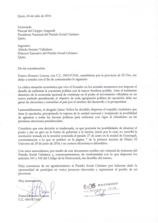 Carta de desafiliación asambleísta franco romero