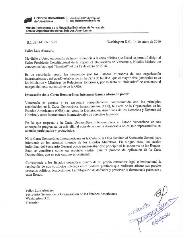Carta de embajador de Venezuela ante la OEA a Luis Almagro