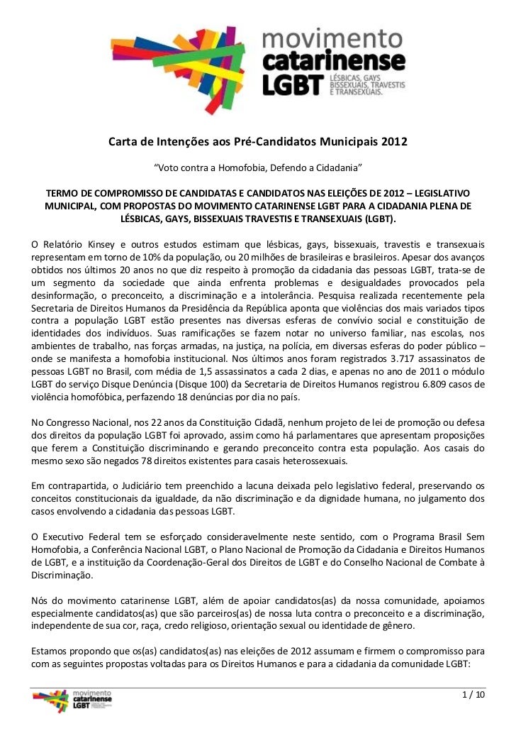 Carta de intenções aos pré candidatos municipais 2012 - mclgbt