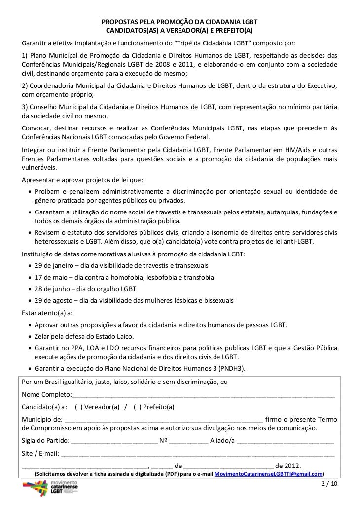 Carta de intenções aos pré candidatos municipais 2012 - mclgbt