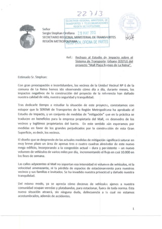 Carta de junta vecinal nº6 a Seremi de Transporte por Mall Plaza Egaña - 