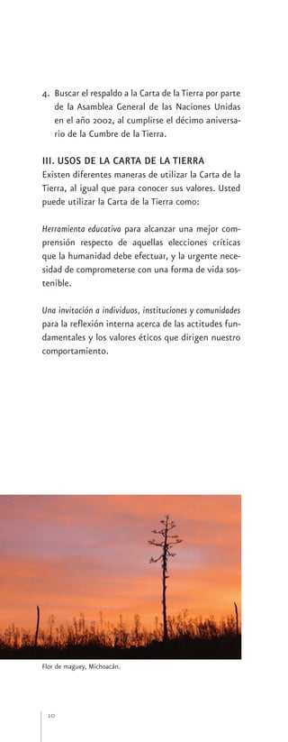 4. Buscar el respaldo a la Carta de la Tierra por parte
   de la Asamblea General de las Naciones Unidas
   en el año 2002, al cumplirse el décimo aniversa-
   rio de la Cumbre de la Tierra.

III. USOS DE LA CARTA DE LA TIERRA
Existen diferentes maneras de utilizar la Carta de la
Tierra, al igual que para conocer sus valores. Usted
puede utilizar la Carta de la Tierra como:

Herramienta educativa para alcanzar una mejor com-
prensión respecto de aquellas elecciones críticas
que la humanidad debe efectuar, y la urgente nece-
sidad de comprometerse con una forma de vida sos-
tenible.

Una invitación a individuos, instituciones y comunidades
para la reflexión interna acerca de las actitudes fun-
damentales y los valores éticos que dirigen nuestro
comportamiento.




Flor de maguey, Michoacán.




 10
 