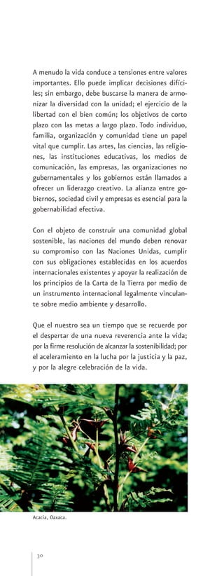 A menudo la vida conduce a tensiones entre valores
importantes. Ello puede implicar decisiones difíci-
les; sin embargo, debe buscarse la manera de armo-
nizar la diversidad con la unidad; el ejercicio de la
libertad con el bien común; los objetivos de corto
plazo con las metas a largo plazo. Todo individuo,
familia, organización y comunidad tiene un papel
vital que cumplir. Las artes, las ciencias, las religio-
nes, las instituciones educativas, los medios de
comunicación, las empresas, las organizaciones no
gubernamentales y los gobiernos están llamados a
ofrecer un liderazgo creativo. La alianza entre go-
biernos, sociedad civil y empresas es esencial para la
gobernabilidad efectiva.

Con el objeto de construir una comunidad global
sostenible, las naciones del mundo deben renovar
su compromiso con las Naciones Unidas, cumplir
con sus obligaciones establecidas en los acuerdos
internacionales existentes y apoyar la realización de
los principios de la Carta de la Tierra por medio de
un instrumento internacional legalmente vinculan-
te sobre medio ambiente y desarrollo.

Que el nuestro sea un tiempo que se recuerde por
el despertar de una nueva reverencia ante la vida;
por la firme resolución de alcanzar la sostenibilidad; por
el aceleramiento en la lucha por la justicia y la paz,
y por la alegre celebración de la vida.




Acacia, Oaxaca.




 30
 
