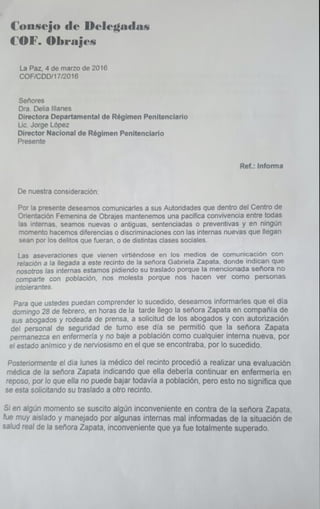 Carta del Consejo de Delegadas del Centro de Orientación Femenina de Obrajes (COF) en apoyo a Zapata