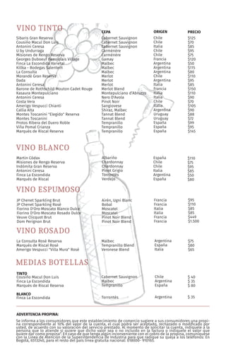 Carta de licores, cocteles y vinos Restaurante La Zarzuela 2018