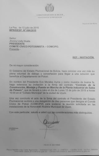 Carta del Ministro de la Presidencia a Comcipo