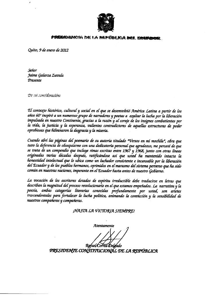 Carta del Presidente Rafael Correa Delgado, dirigida al Dr 