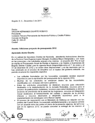 Carta del Secretario de Hacienda al Concejal Wilson Duarte  sobre las adiciones al proyecto de presupuesto de 2012