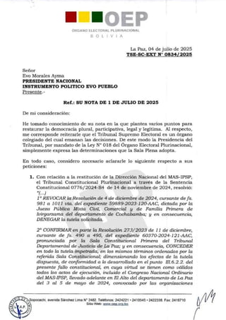Carta de respuesta del TSE a Evo Morales
