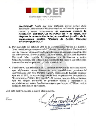 Carta de respuesta del TSE a Evo Morales