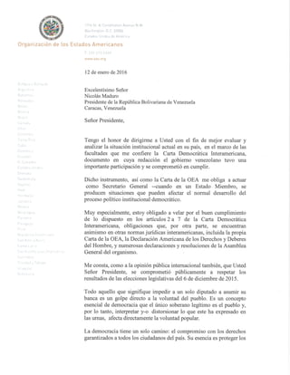 Carta de Luis Almagro al presidente Nicolás Maduro