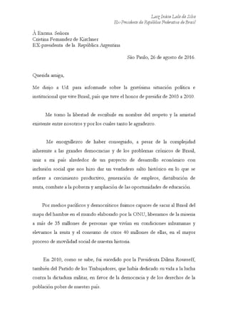 Carta de Lula a Cristina Kirchner sobre o golpe
