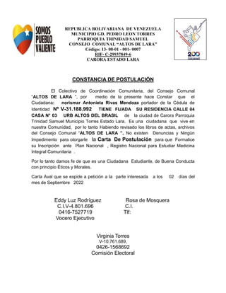 REPUBLICA BOLIVARIANA DE VENEZUELA
MUNICIPIO GD. PEDRO LEON TORRES
PARROQUIA TRINIDAD SAMUEL
CONSEJO COMUNAL “ALTOS DE LAR...