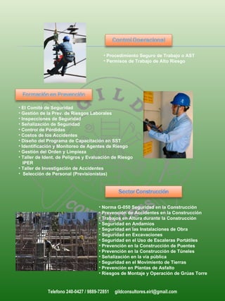 • Procedimiento Seguro de Trabajo o AST
                                        • Permisos de Trabajo de Alto Riesgo




• El Comité de Seguridad
• Gestión de la Prev. de Riesgos Laborales
• Inspecciones de Seguridad
• Señalización de Seguridad
• Control de Pérdidas
• Costos de los Accidentes
• Diseño del Programa de Capacitación en SST
• Identificación y Monitoreo de Agentes de Riesgo
• Gestión del Orden y Limpieza
• Taller de Ident. de Peligros y Evaluación de Riesgo
   IPER
• Taller de Investigación de Accidentes
• Selección de Personal (Previsionistas)




                                      • Norma G-050 Seguridad en la Construcción
                                      • Prevención de Accidentes en la Construcción
                                      • Trabajos en Altura durante la Construcción
                                      • Seguridad en Andamios
                                      • Seguridad en las Instalaciones de Obra
                                      • Seguridad en Excavaciones
                                      • Seguridad en el Uso de Escaleras Portátiles
                                      • Prevención en la Construcción de Puentes
                                      • Prevención en la Construcción de Túneles
                                      • Señalización en la vía pública
                                      • Seguridad en el Movimiento de Tierras
                                      • Prevención en Plantas de Asfalto
                                      • Riesgos de Montaje y Operación de Grúas Torre



             Telefono 240-0427 / 9889-72851   gildconsultores.eirl@gmail.com
 