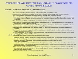 CONDUCTAS GRAVEMENTE PERJUDICIALES PARA LA CONVIVENCIA DEL CENTRO Y SU CORRECCIÓN CONDUCTAS GRAVEMENTE PERJUDICIALES PARA LA CONVIVENCIA  1.Los actos de indisciplina y las ofensas graves contra miembros de la comunidad educativa.  2.La reiteración de conductas contrarias a las normas de convivencia del centro a lo largo de un mismo curso escolar.  3.Los actos injustificados que perturben gravemente el normal desarrollo de las actividades del centro.  4.La agresión física o moral grave a miembros de la comunidad educativa o la discriminación grave por cualquiera de las razones enumeradas en el artículo 2.6 de este decreto. El acoso o la violencia contra personas, así como la incitación a realizar esas actuaciones.  5.Las actuaciones perjudiciales para la salud de los miembros de la comunidad educativa.  6.La exhibición de símbolos o emblemas y la realización de actos que inciten a la violencia o que atenten contra la dignidad de las personas y contra los derechos humanos.  7.La utilización inadecuada de las tecnologías de la información y la comunicación para atentar contra la dignidad de cualquiera de los miembros de la comunidad educativa, dentro o fuera del recinto escolar.  8.La suplantación de personalidad en actos de la vida docente y la falsificación o sustracción de documentos académicos o docentes.  9.La sustracción de materiales o equipamiento del centro o de pertenencias de los demás miembros de la comunidad educativa de gran valor educativo o económico.  10.Causar daños graves por uso indebido o intencionadamente en los locales, material o documentos del centro o en los bienes de otros miembros de la comunidad educativa.  11.El incumplimiento de las medidas correctoras impuestas con anterioridad.   MEDIDAS CORRECTORAS  1.Realización en horario no lectivo de tareas que contribuyan al mejor desarrollo de las actividades del centro o que reparen el daño  causado al material, equipamiento o instalaciones del centro o a las pertenencias de otros miembros de la comunidad educativa.  2.Suspensión del derecho a participar en las actividades extraescolares o complementarias del centro.  3.Cambio de grupo del alumno.  4.Suspensión del derecho de asistencia a determinadas clases durante un período superior a cinco días lectivos e inferior a veinte  días lectivos. Durante el tiempo que dure la suspensión, el alumno deberá realizar los deberes o trabajos que se determinen para  evitar la interrupción en su proceso formativo.  5.Suspensión del derecho de asistencia al centro durante un período superior a cinco días lectivos e inferior a veinte días lectivos.  Durante el tiempo que dure la suspensión, el alumno deberá realizar los deberes o trabajos que se determinen para evitar la  interrupción en su proceso formativo.  6.Como medida de corrección excepcional, el cambio de centro.  