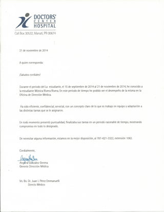Carta de recomendación doctors' center hospital