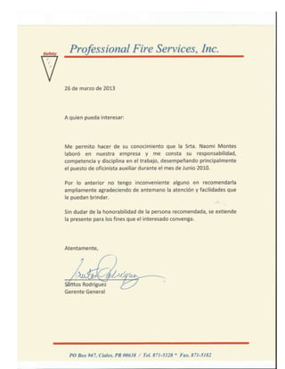 Carta de recomendación fire services inc