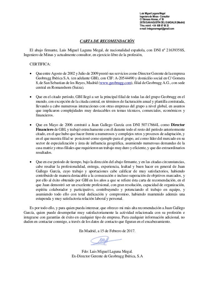 CEO Geobrugg Ibérica. Carta Recomendación.