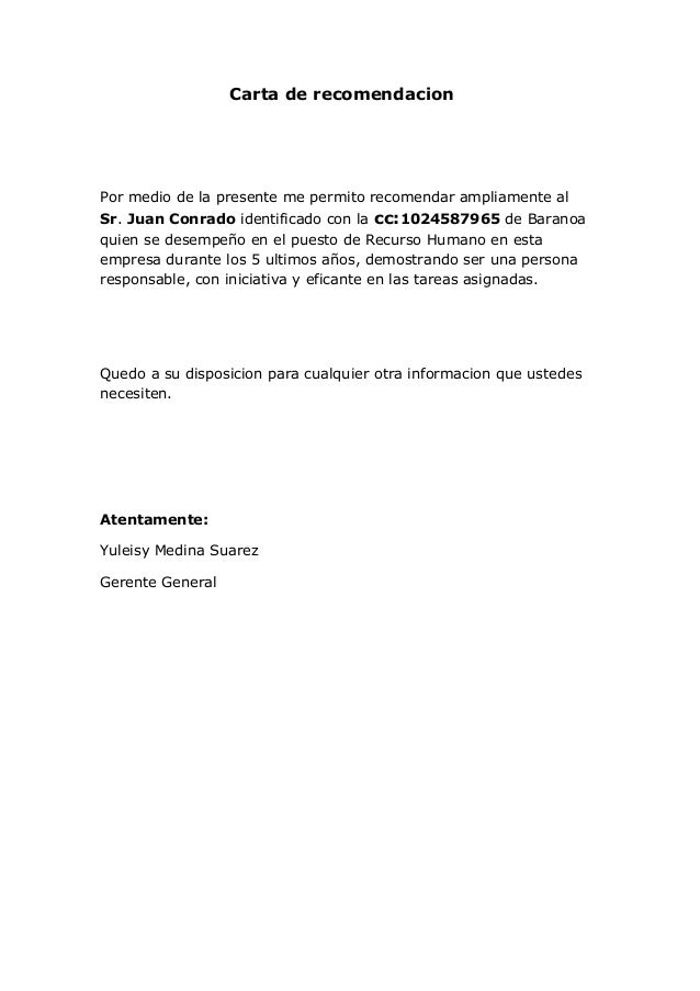 carta de recomendaciones de trabajo