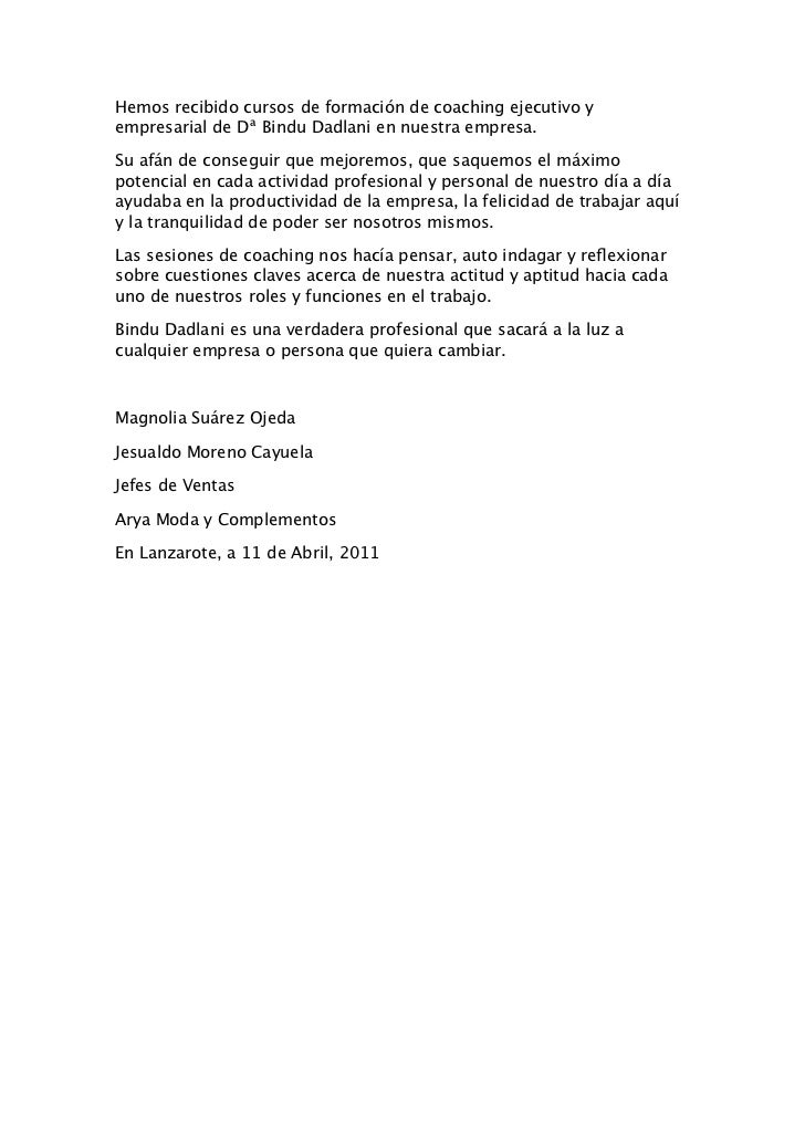 Carta de Recomendación @aryalanzarote - @bindupowercoach