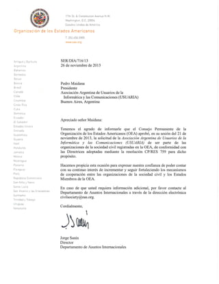 Carta de registro de USUARIA en OEA - 11-26-13