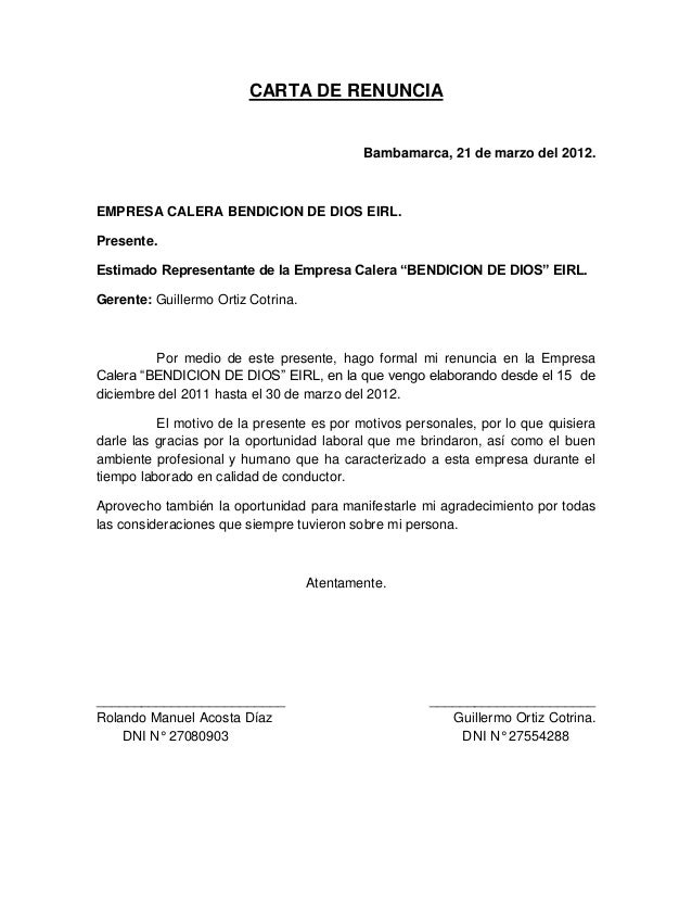 Modelo Carta De Renuncia Voluntaria Colombia