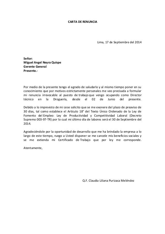 Carta De Renuncia Sin Preaviso Assistente Administrativo
