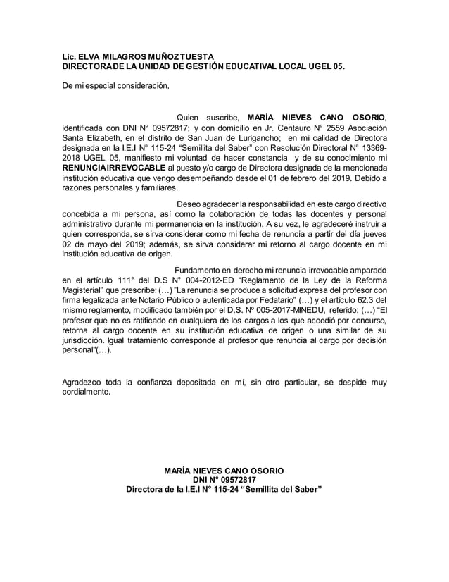 Carta de renuncia a cargo directivo 2019