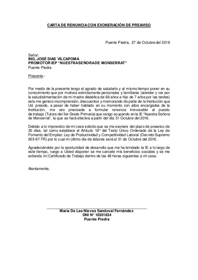 Carta De Renuncia Peru Modelo - u Carta De