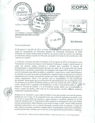 Carta de renuncia del Viceministro Benecio Quispe Gutiérrez