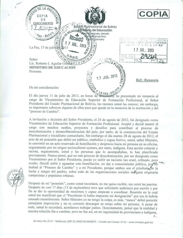 Carta de renuncia de Viceministro de Educación Quispe