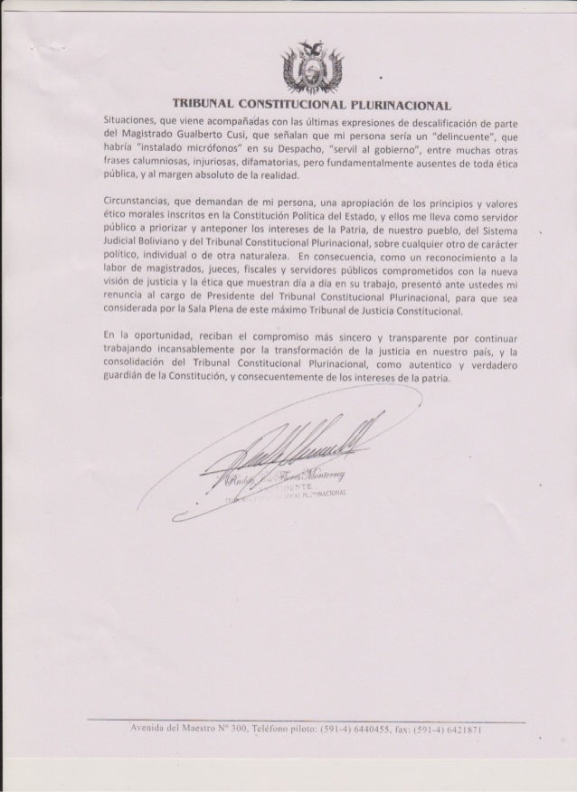 Carta de renuncia el presidente del tcp