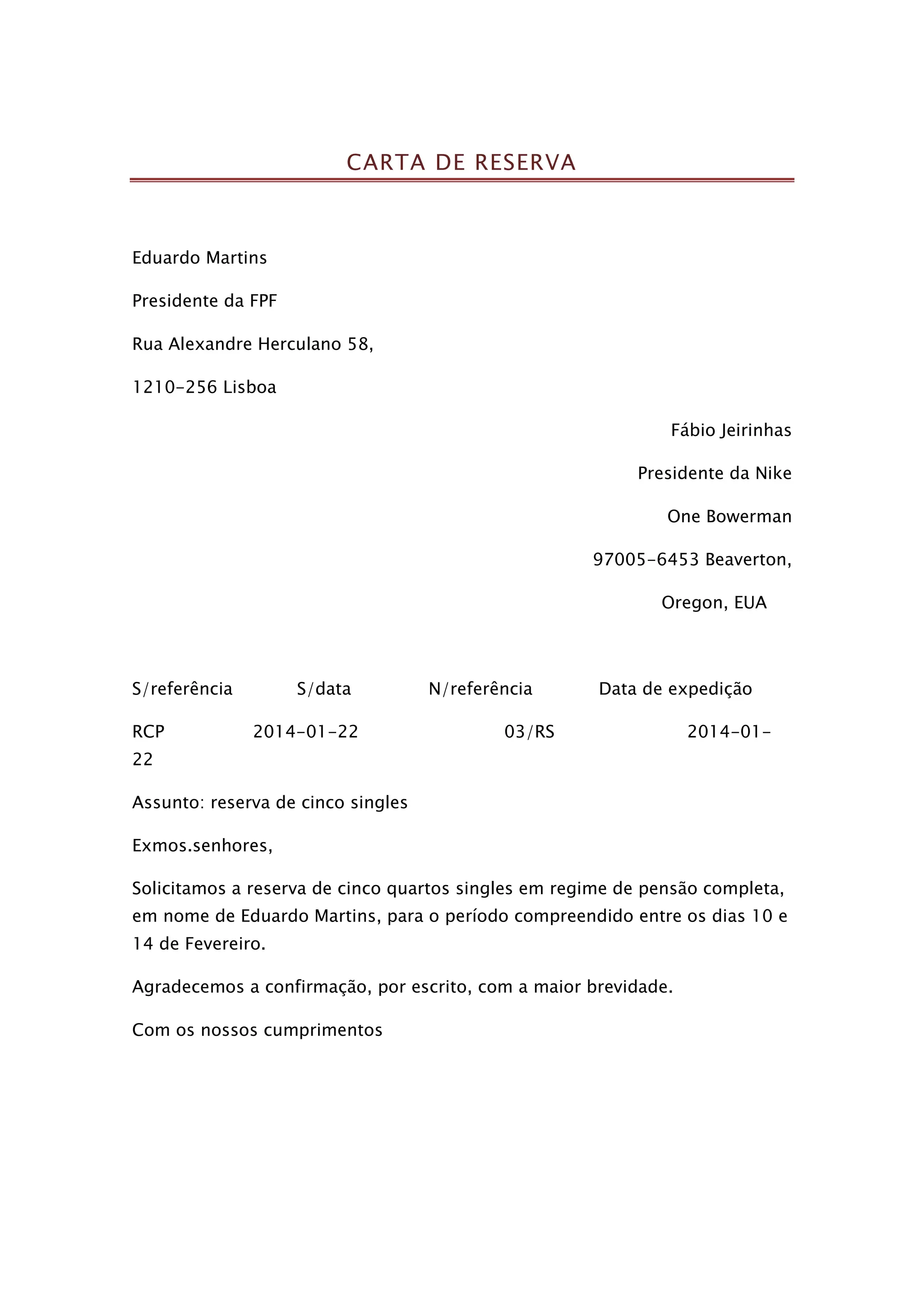 Carta de reserva | PDF