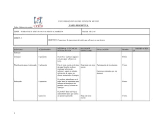 UNIVERSIDAD PRIVADA DEL ESTADO DE MÉXICO

                                                                            CARTA DESCRIPTIVA
Taller: Hábitos de estudio

TEMA: SUBRAYAR Y HACER ANOTACIONES AL MARGEN                                                  FECHA: 10-12-07


SESION: 3
                                                OBJETIVO: Comprender la importancia de saber que subrayar en una lectura



                                                            MÉTODOS Y TÉCNICAS               RECURSOS                                                          OBSERVACION
SUBTEMA                           ACTIVIDADES                                                                    EVALUACIÓN                     TIEMPO
                                                            DE ENSEÑANZA                     DIDACTICOS                                                   ES
Subrayar

Consejos                          Exposición                El profesor explicara algunos                                                       10 min.
                                                            consejos para subrayar un
                                                            texto.

Planificación para el subrayado   Explicación               Con el texto escrito en la hoja Hoja bond con texto Participación de los alumnos    15 min.
                                                            de papel bond el profesor       escrito
                                                            explicara la forma de
                                                            subrayar: seguir un método,                         Ejercicios realizados por los
                                                            utilización de signos, no                           alumnos
                                                            abusar anotaciones al margen.

                                                            El profesor identificara en el
Subrayado                         Exposición                papel bond lo importante para                                                       10 min.
                                                            subrayar e identificara las
                                                            palabras clave y la forma de
                                                            subrayar

                                                            El profesor dara una hoja a
                                                            cada alumno para que realice
                                  Ejercicios                un ejercicio parecido            Hoja con texto                                     15 min.
                                                                                             escrito




3
 