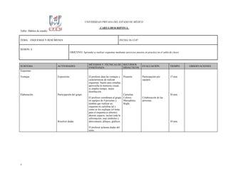 UNIVERSIDAD PRIVADA DEL ESTADO DE MÉXICO

                                                                      CARTA DESCRIPTIVA
Taller: Hábitos de estudio


TEMA: ESQUEMAS Y RESÚMENES                                                              FECHA:10-12-07


SESION: 4
                                          OBJETIVO: Aprender a realizar esquemas mediante ejercicios puestos en practica en el salón de clases



                                                           MÉTODOS Y TÉCNICAS DE RECURSOS
SUBTEMA                      ACTIVIDADES                                                                    EVALUACIÓN               TIEMPO      OBSERVACIONES
                                                           ENSEÑANZA             DIDACTICOS
Esquemas

Ventajas                     Exposición                    El profesor dará las ventajas y Pizarrón         Participación por        15 min.
                                                           características de realizar                      equipos
                                                           esquemas: bueno para estudiar,
                                                           aprovecha la memoria visual,
                                                           se emplea tiempo, mejor
                                                           distribución.
Elaboración                  Participación del grupo                                        Cartulina                                30 min.
                                                           El profesor coordinara al grupo Colores          Colaboración de las
                                                           en equipos de 4 personas y       Marcadores      personas
                                                           tendrán que realizar un          Regla
                                                           esquema en cartulina tal y
                                                           como se los explique (el tema
                                                           para el esquema es abierto):
                                                           ahorrar espacio, incluir toda la
                                                           información, usar símbolos y
                             Resolver dudas                abreviaturas, dibujos, gráficos.                                          10 min.

                                                           El profesor aclarara dudas del
                                                           tema




4
 